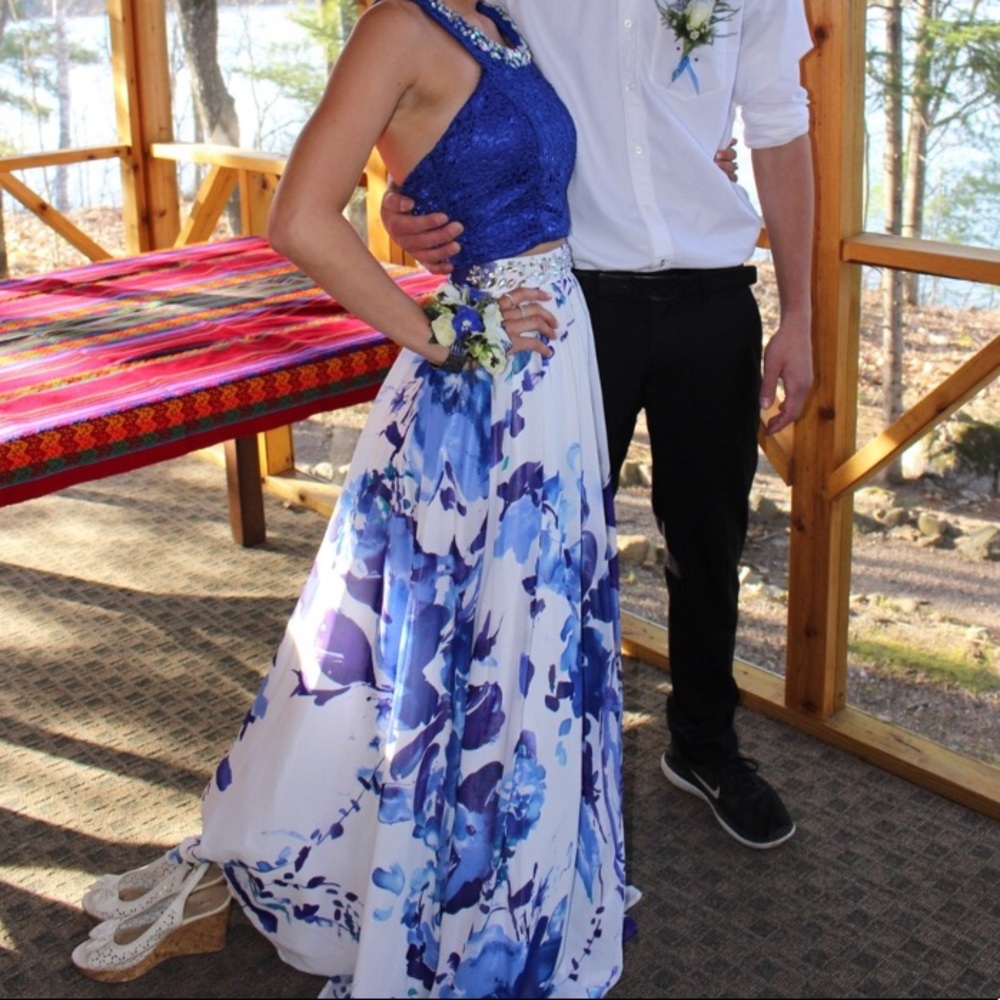 Royal Blue Floral Two Piece Prom Dress!